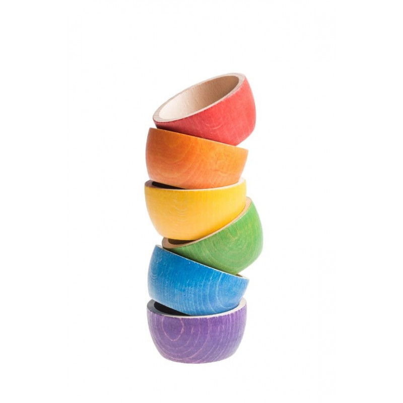 6 bols en bois arc en ciel.